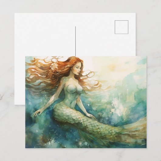 Mermaid Waterverf Briefkaart (Voorkant / Achterkant)