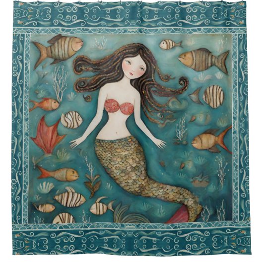 Mermaid Waterverf Douchegordijn (Voorkant)