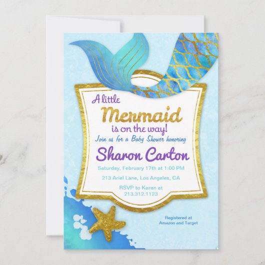 Mermaid Waterverf Gold Baby shower Invitation Kaart (Voorkant)