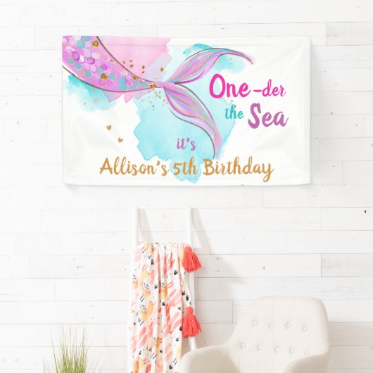 Mermaid Waterverf Pink Girl Birthday Backdrop Ban Spandoek (Insitu)