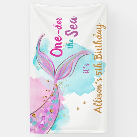 Mermaid Waterverf Pink Girl Birthday Backdrop Ban Spandoek (Verticaal)