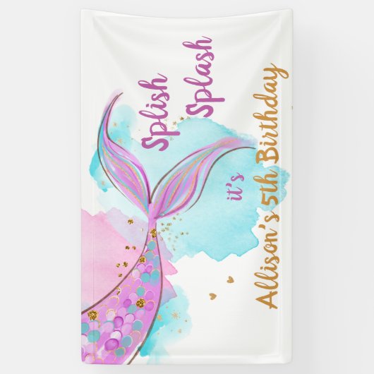 Mermaid Waterverf Pink Girl Birthday Backdrop Spandoek (Verticaal)
