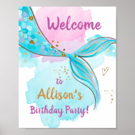 Mermaid Waterverf Tail Blauwgroen meisje Birthday Poster