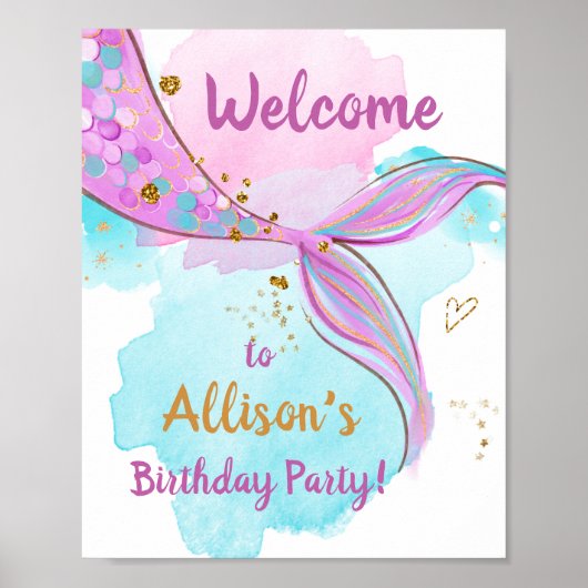 Mermaid Waterverf Tail roze Girl Birthday Welkom Poster (Voorkant)