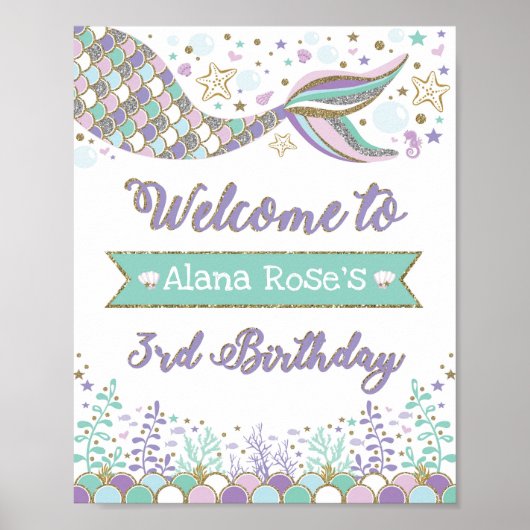 Mermaid Welcome Poster 3rd Birthday Pool Party (Voorkant)