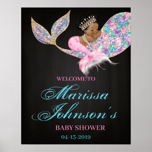 Mermaid Welcome Sign Baby shower Afro-Amerikaans Poster (Voorkant)