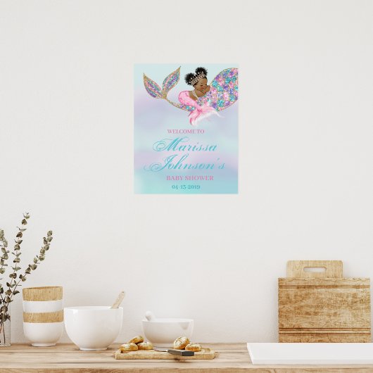 Mermaid Welcome Sign Baby shower Afro-Amerikaans Poster (Keuken)