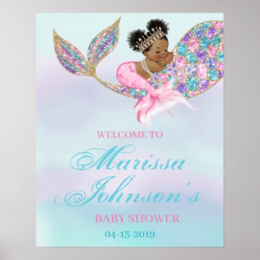 Mermaid Welcome Sign Baby shower Afro-Amerikaans Poster (Voorkant)