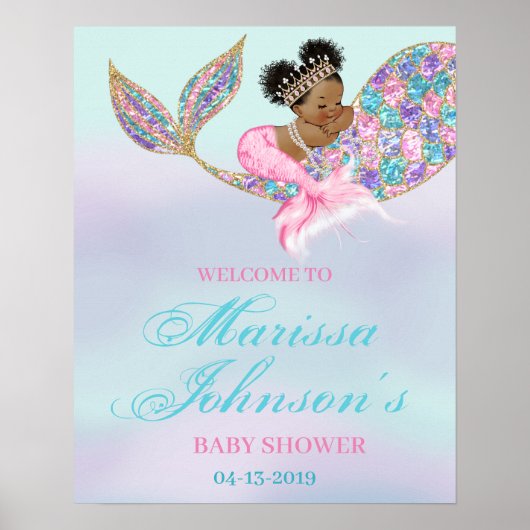 Mermaid Welcome Sign Baby shower Afro-Amerikaans Poster (Voorkant)