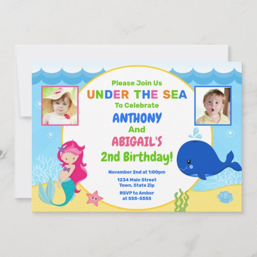 Mermaid Whale Joint Birthday Invitation Twin Kaart (Voorkant)