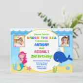 Mermaid Whale Joint Birthday Invitation Twin Kaart (Staand voorkant)