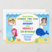 Mermaid Whale Joint Birthday Invitation Twin Kaart (Voorkant / Achterkant)