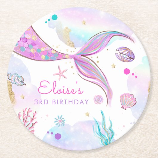 Mermaid Whimsical onder de Zee Birthday Party Ronde Kartonnen Onderzetter (Voorkant)