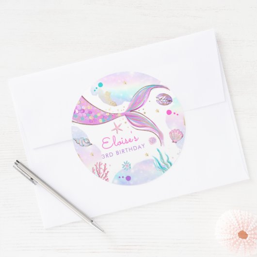 Mermaid Whimsical onder de Zee Birthday Party Ronde Sticker (Envelop)