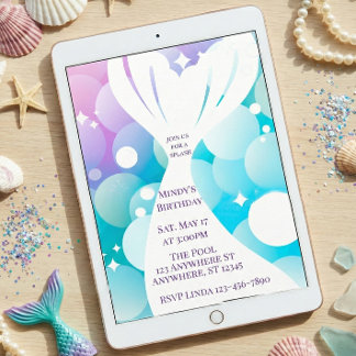 Mermaid White Out and Bubbles Birthday Invitation Kaart