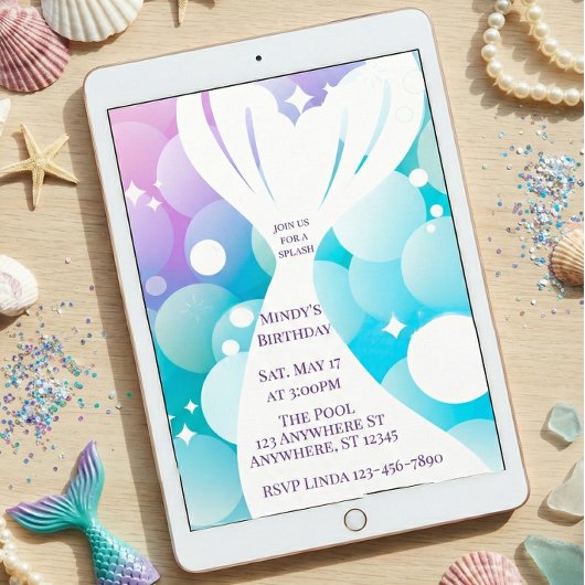 Mermaid White Out and Bubbles Birthday Invitation Kaart