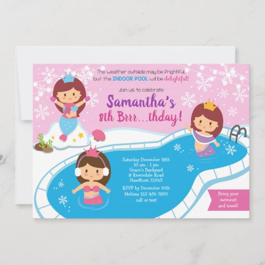 Mermaid Winter Pool Birthday Invitation Kaart (Voorkant)