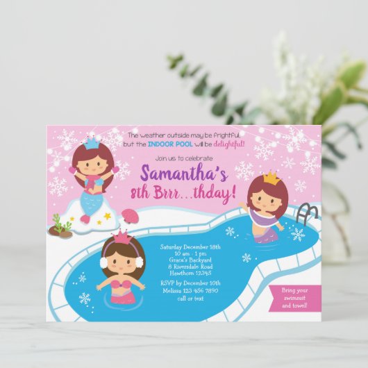 Mermaid Winter Pool Birthday Invitation Kaart (Staand voorkant)