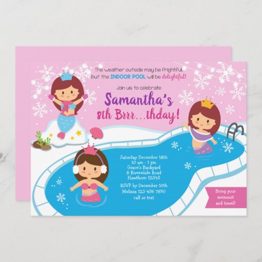 Mermaid Winter Pool Birthday Invitation Kaart (Voorkant / Achterkant)