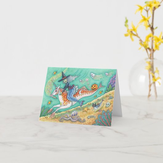 MERMAID WITCH, HALLOWEEN MERHORSE NOTE KAART Blank (Gele Bloem)