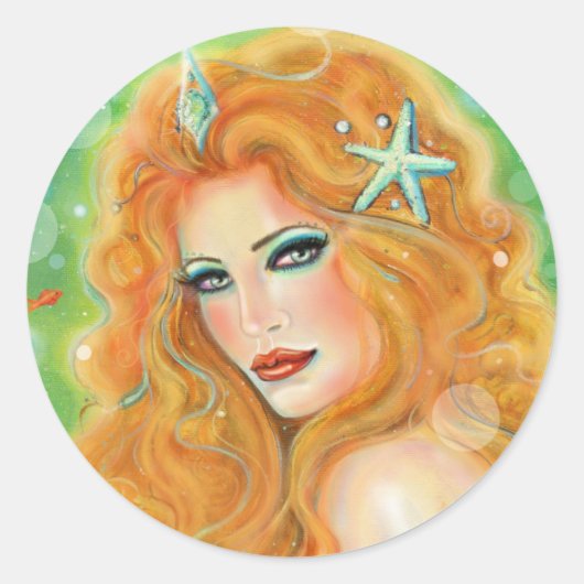 Mermaid with tropical fish art by Renee Lavoie  Ronde Sticker (Voorkant)