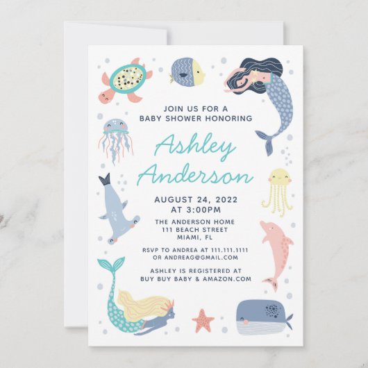 Mermaid Zee Animals Baby shower Uitnodiging (Voorkant)