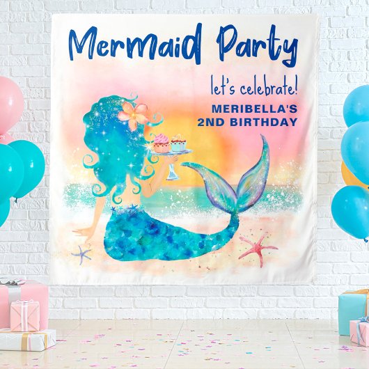 Mermaid Zee Beach Cupcakes Birthday Photo Backdrop Wandkleed