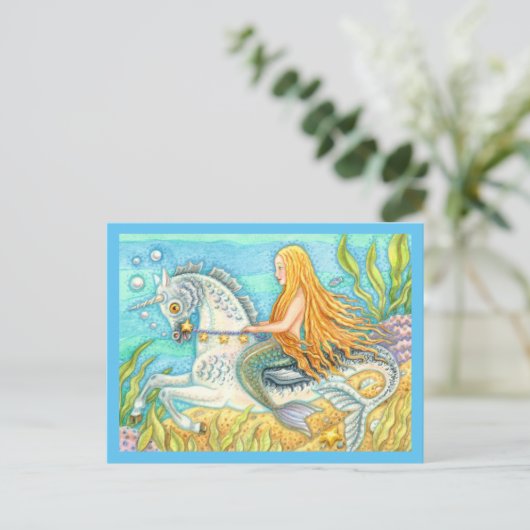 MERMAID & ZEE STALLION, WHIMSICAL FANTASY UNICORN BRIEFKAART (Staand voorkant)