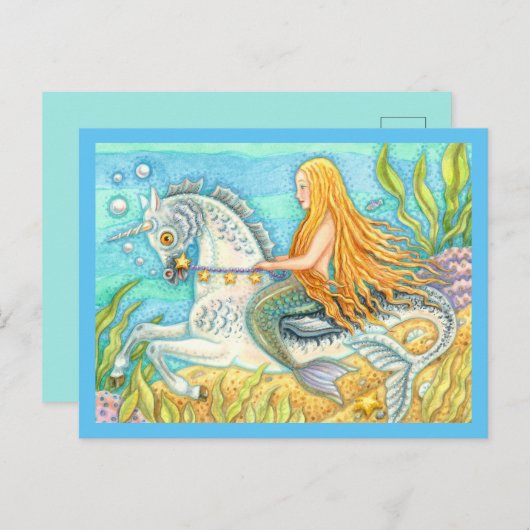 MERMAID & ZEE STALLION, WHIMSICAL FANTASY UNICORN BRIEFKAART (Voorkant / Achterkant)