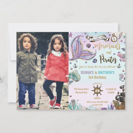Mermaids and Pirates Twins Birthday Ocean Photo Kaart (Voorkant)