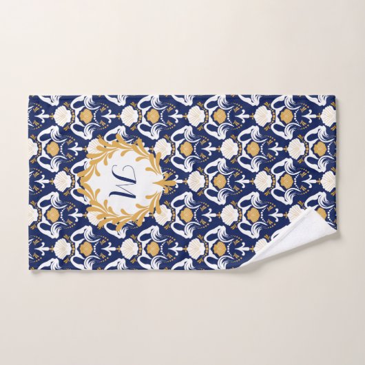 Mermaids and Seashells Damask Pattern Monogrammed Handdoek (Handdoek)
