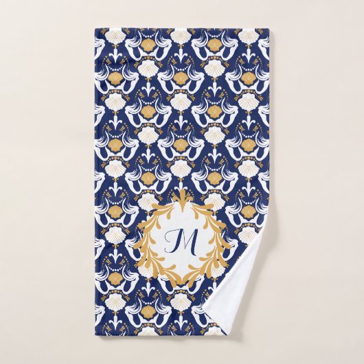 Mermaids and Seashells Damask Pattern Monogrammed Handdoek (Handdoek)
