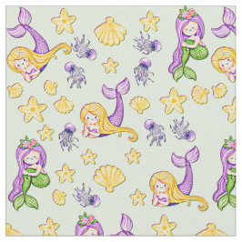 Mermaids and Shells Paars Groen Geel Stof