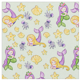 Mermaids and Shells Paars Groen Geel Stof