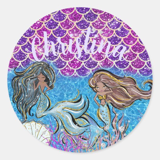 Mermaids Glitter Illustration with Tail Scales Ronde Sticker (Voorkant)