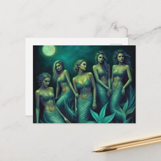 Mermaids in the Full Moon Night Briefkaart (Voorkant / Achterkant in situ)