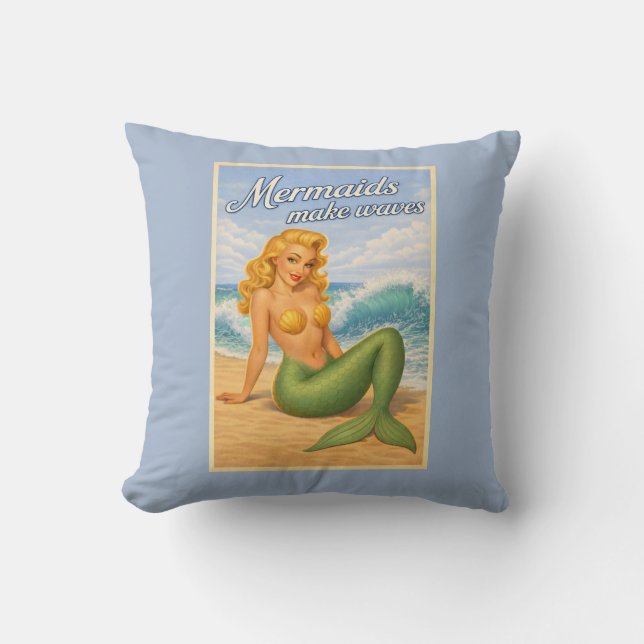 Mermaids Make Waves Retro Coastal Blue Beach Decor Kussen (Voorkant)