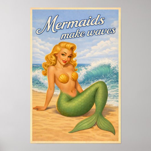 Mermaids Make Waves Retro Pin-Up Coastal Beach Art Poster (Voorkant)