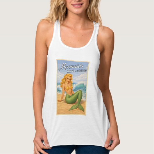 Mermaids Make Waves Retro Pin-Up | Coastal Beach Tanktop (Voorkant)