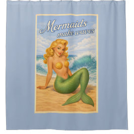 Mermaids Make Waves Retro PinUp Coastal Beach Blue Douchegordijn