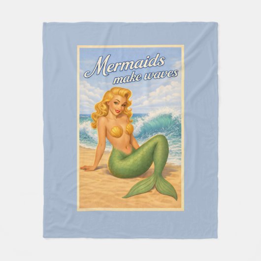 Mermaids Make Waves Retro PinUp Coastal Beach Blue Fleece Deken (Voorkant)