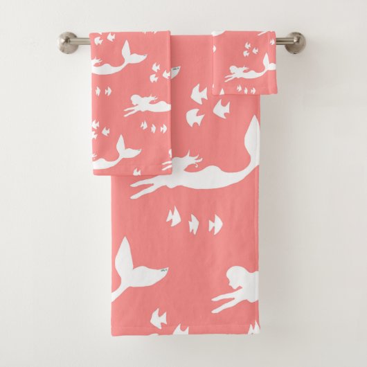 Mermaids Pattern Coral and White Towel Set Bad Handdoek (Insitu)