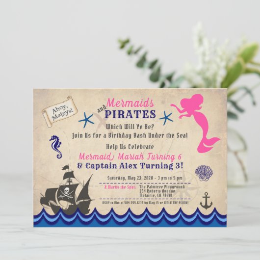 Mermaids & Pirates Invitation, Siblings Invitation Kaart (Staand voorkant)