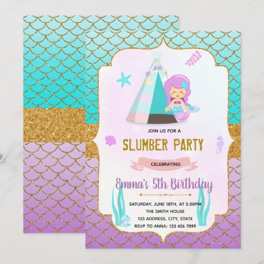 mermaids slumber thema uitnodiging (Voorkant / Achterkant)