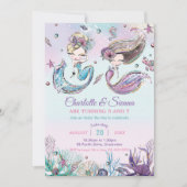 Mermaids under Zee Twins Sisters Birthday Invi Kaart (Voorkant)