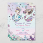 Mermaids under Zee Twins Sisters Birthday Invi Kaart<br><div class="desc">Whimsical mermaids twins / sisters verjaardagsfeest, met een blonde zeemeermin en een brunette zeemeermin, schattig onder het zee en kleurrijke koralen tegen de regenboogdiepe oceaanachtergrond. Pas het met uw partijdetails gemakkelijk en snel aan, druk eenvoudig de pas het knoop aan om de stijl en de plaatsing van de tekst verder...</div>