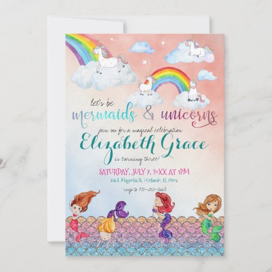 Mermaids, Unicorns & Rainbows Party Invitations Kaart (Voorkant)
