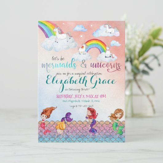 Mermaids, Unicorns & Rainbows Party Invitations Kaart (Staand voorkant)