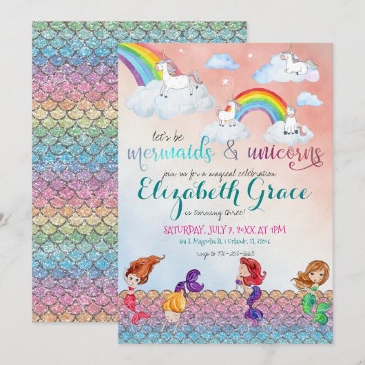 Mermaids, Unicorns & Rainbows Party Invitations Kaart (Voorkant / Achterkant)