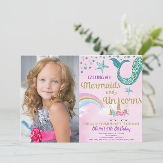 Mermaids & Unicorns roze gouden blauwgroen verjaar Kaart (Staand voorkant)